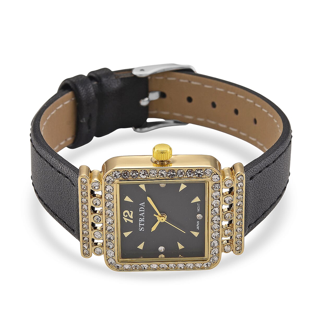 Strada Austrian Crystal Japanese Movement Watch with Black Faux Leather Strap image number 3