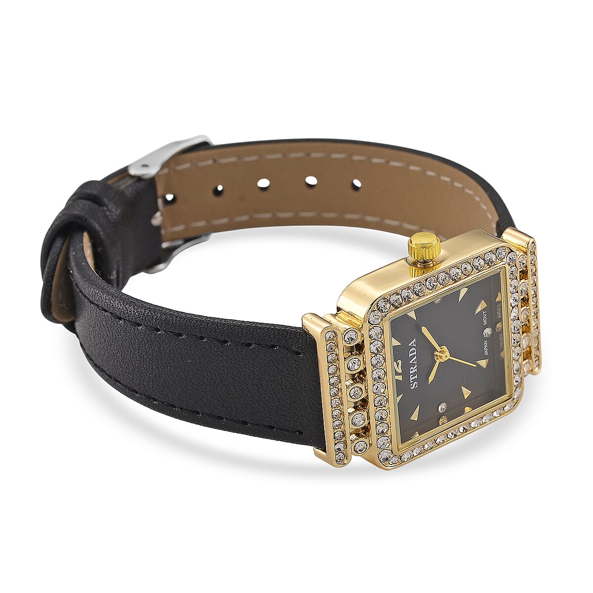 Strada Austrian Crystal Japanese Movement Watch with Black Faux Leather Strap image number 4
