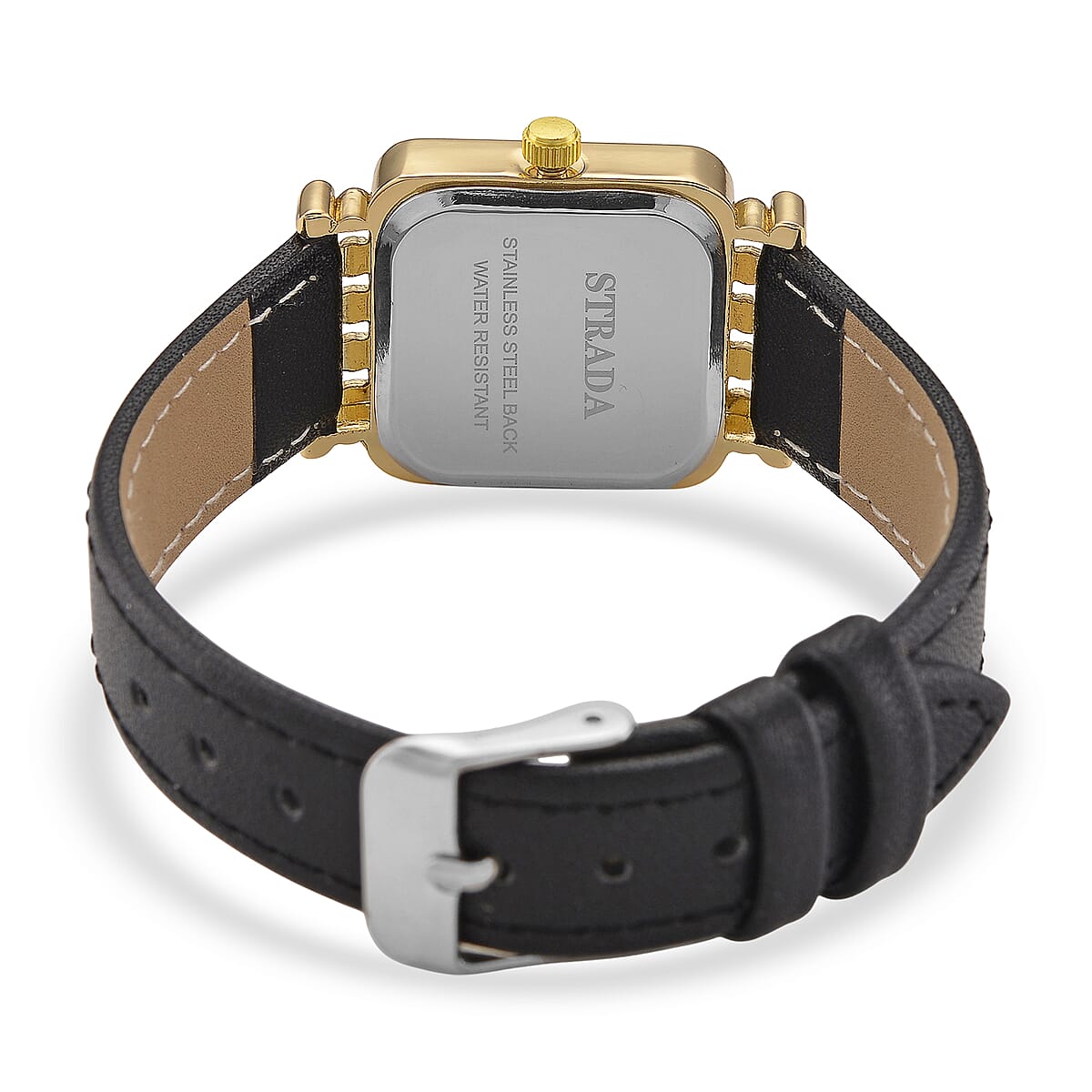 Strada Austrian Crystal Japanese Movement Watch with Black Faux Leather Strap image number 5