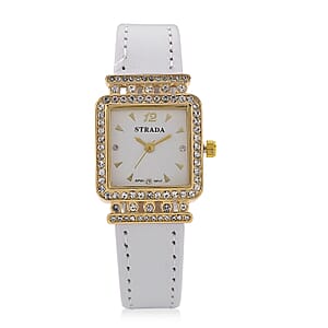 Strada Austrian Crystal Japanese Movement Watch with White Faux Leather Strap