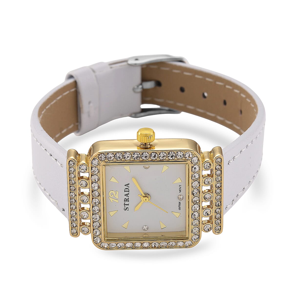 Strada Austrian Crystal Japanese Movement Watch with White Faux Leather Strap image number 3