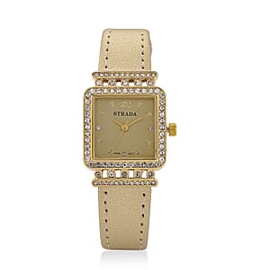 Strada Austrian Crystal Japanese Movement Watch with Golden Faux Leather Strap