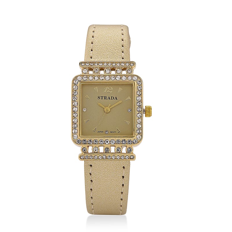 Strada Austrian Crystal Japanese Movement Watch with Golden Faux Leather Strap