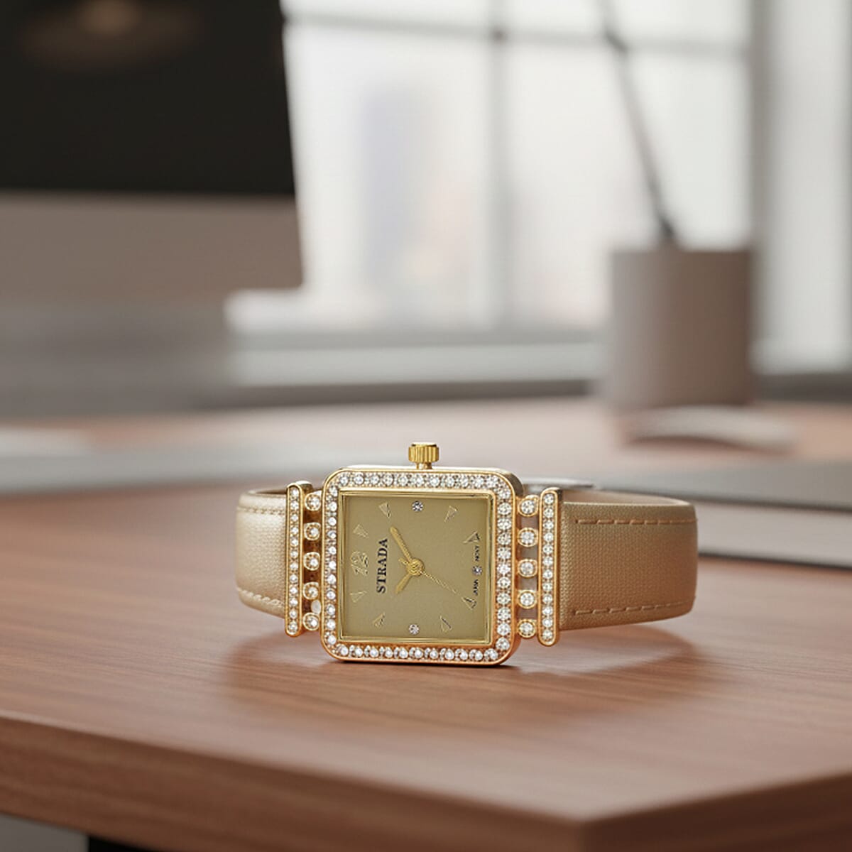 Strada Austrian Crystal Japanese Movement Watch with Golden Faux Leather Strap image number 1