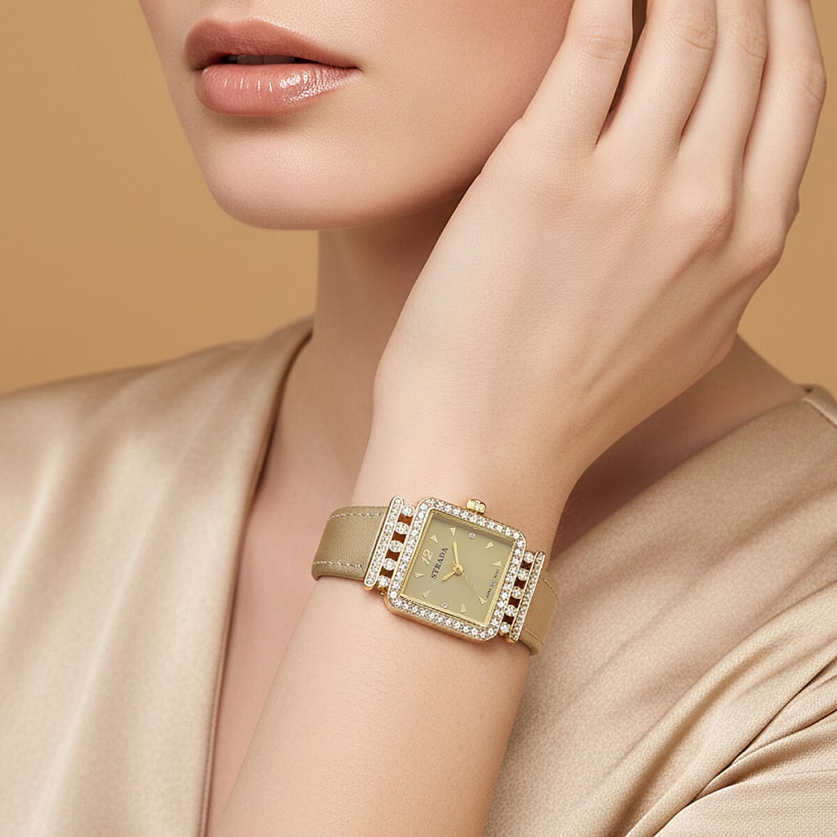 Strada Austrian Crystal Japanese Movement Watch with Golden Faux Leather Strap image number 2