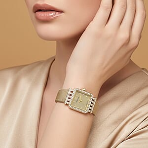 Strada Austrian Crystal Japanese Movement Watch with Golden Faux Leather Strap