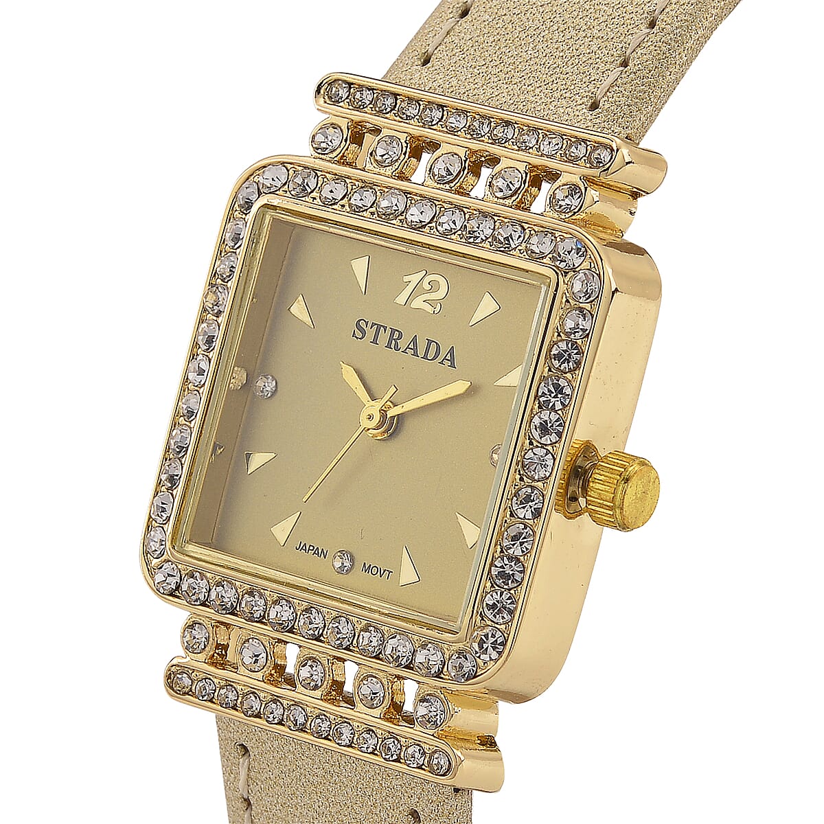 Strada Austrian Crystal Japanese Movement Watch with Golden Faux Leather Strap image number 3