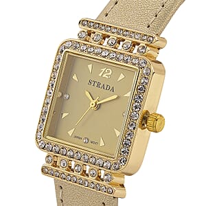Strada Austrian Crystal Japanese Movement Watch with Golden Faux Leather Strap