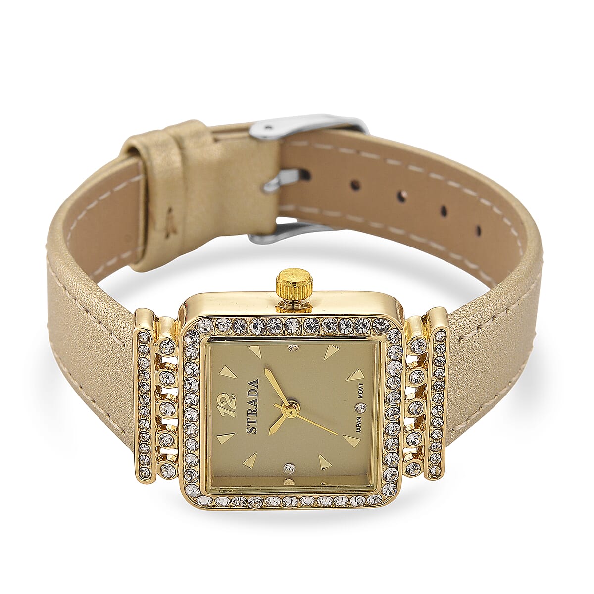 Strada Austrian Crystal Japanese Movement Watch with Golden Faux Leather Strap image number 4
