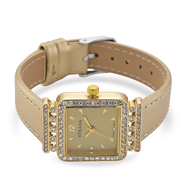 Strada Austrian Crystal Japanese Movement Watch with Golden Faux Leather Strap