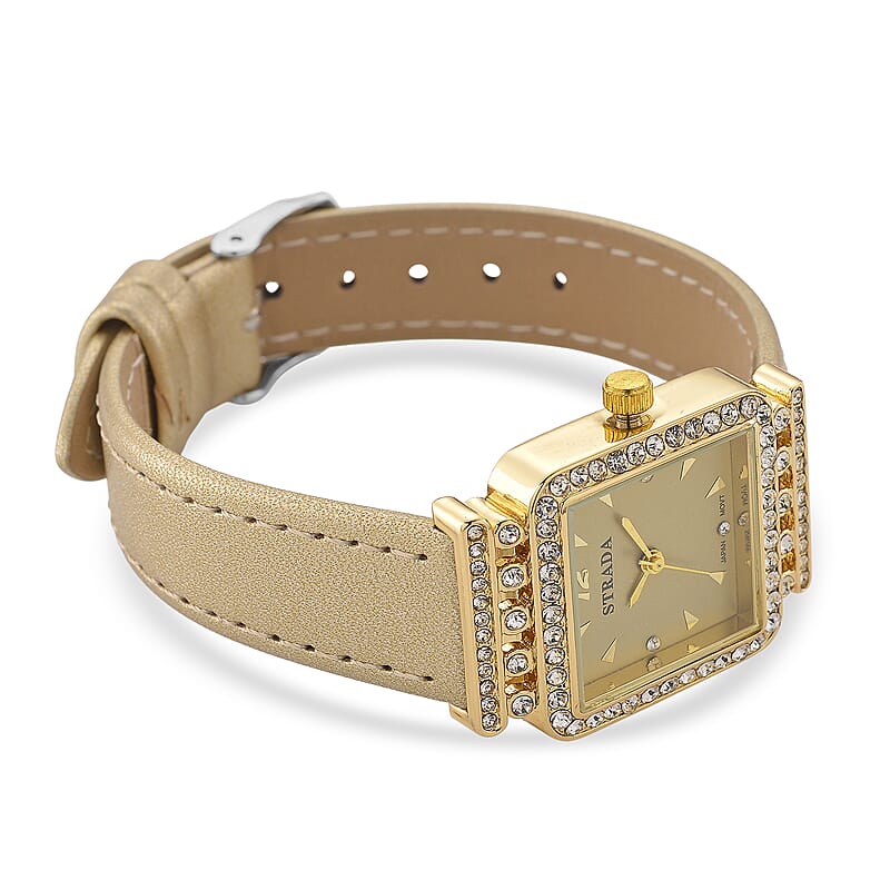 Strada Austrian Crystal Japanese Movement Watch with Golden Faux Leather Strap