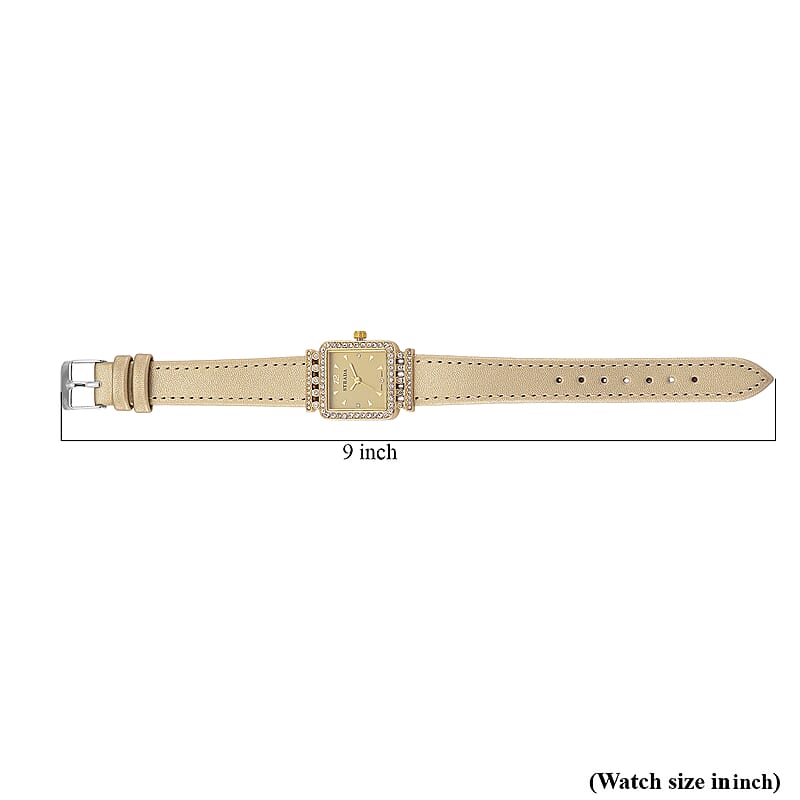 Strada Austrian Crystal Japanese Movement Watch with Golden Faux Leather Strap