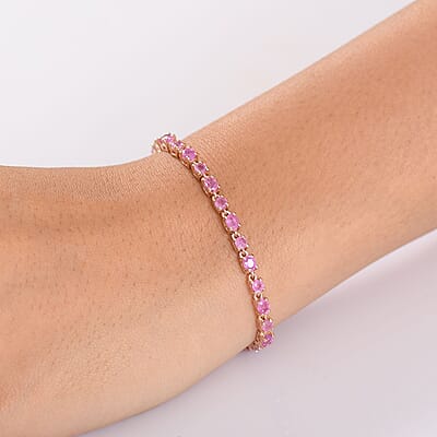 D'Joy Ilakaka Hot Pink Sapphire (FF) and Moissanite 8.35 ctw Floral Bracelet in 18K Vermeil Rose Gold Over Sterling Si (7.25 In)