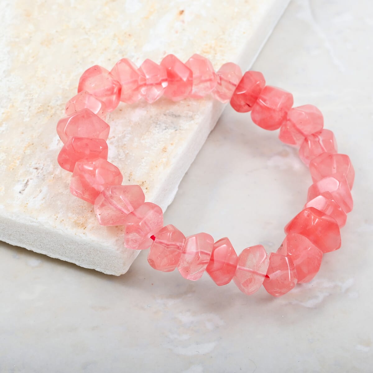 Faceted Freeform Cherry Quartz 118.10 ctw Stretch Bracelet (6-7In) image number 1