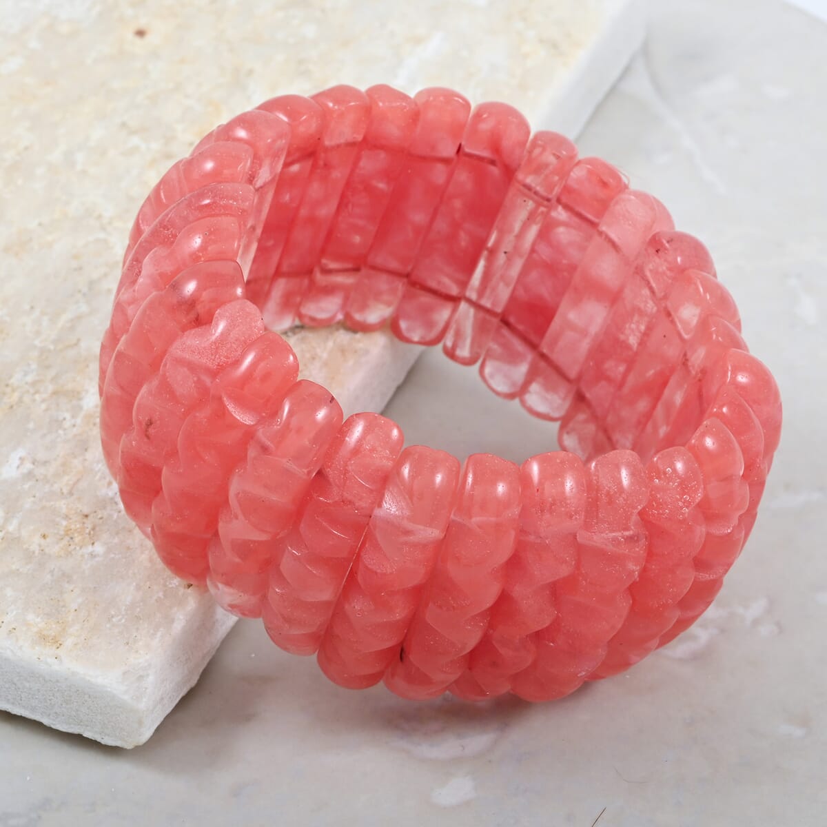 Carved Cherry Quartz 446.00 ctw Wavy Stretch Bracelet (6-7In) image number 1