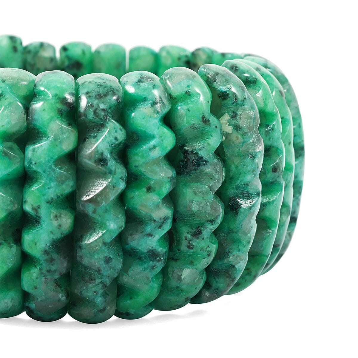 Carved Kiwi Jasper 588.75 ctw Dyed Color Wavy Stretch Bracelet (6-7In) image number 2