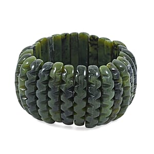 Carved Dark Olive Jade 583.00 ctw Wavy Stretch Bracelet (6-7In)