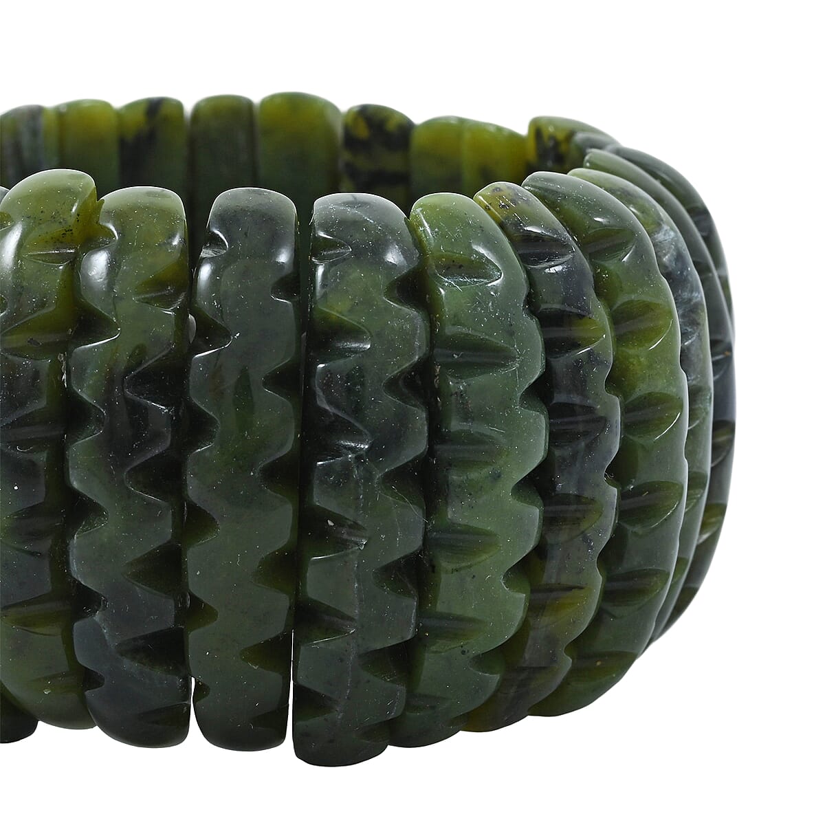 Carved Dark Olive Jade 583.00 ctw Wavy Stretch Bracelet (6-7In) image number 2