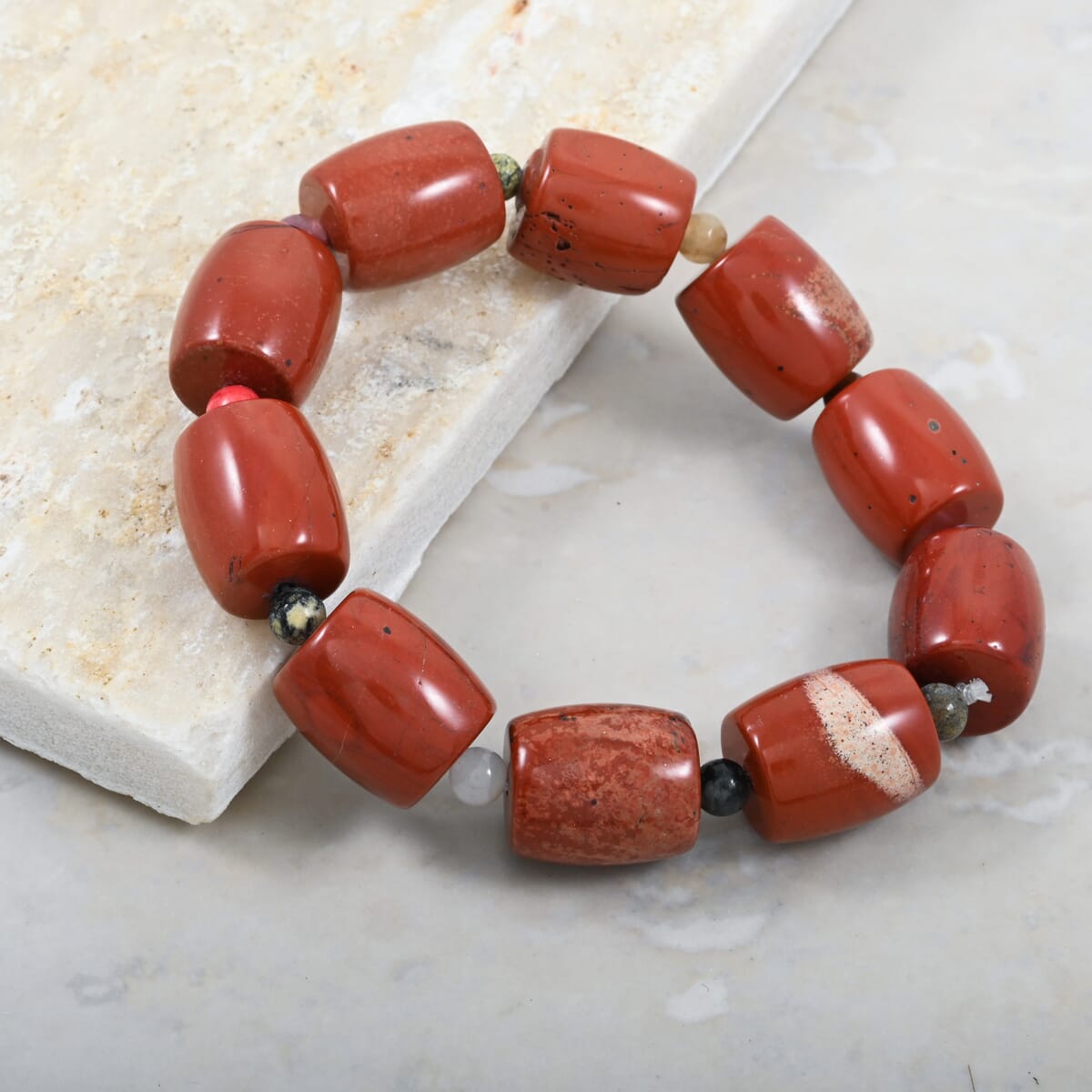Red Jasper and Multi Gemstone 191.00 ctw Barrel and Round Plain 12x14mm Stretch Bracelet (6-7In) image number 1