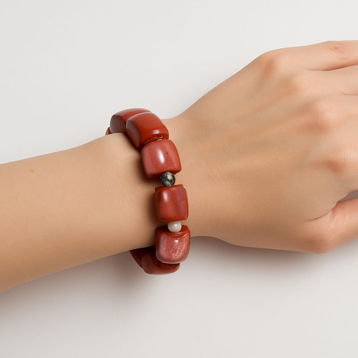 Red Jasper and Multi Gemstone 191.00 ctw Barrel and Round Plain 12x14mm Stretch Bracelet (6-7In) image number 2