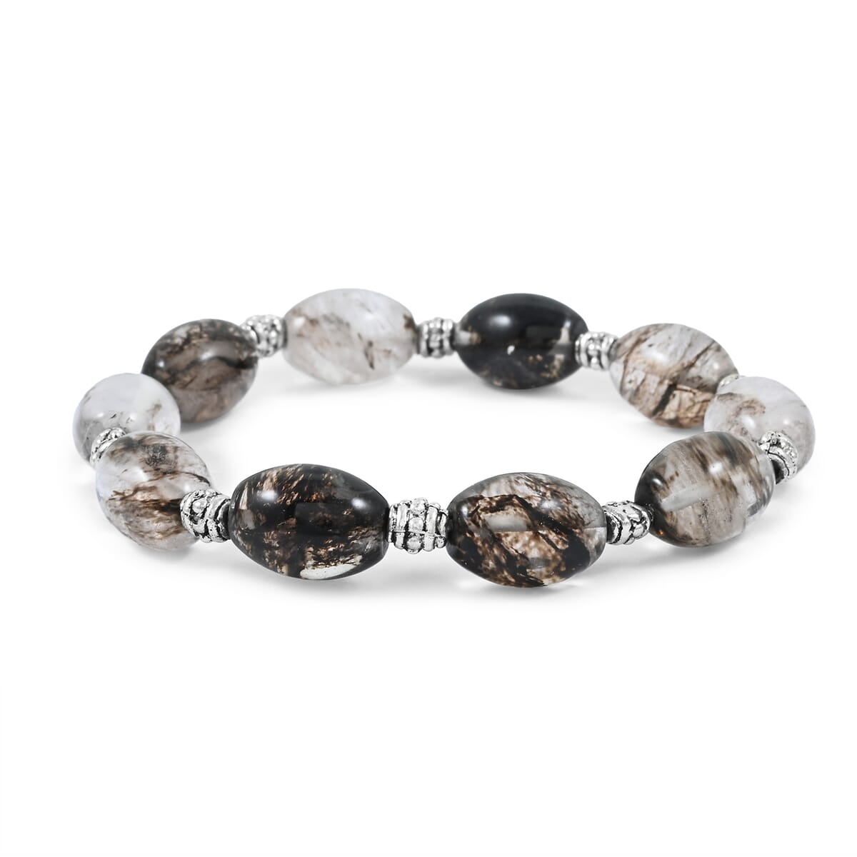 Black Moss Quartz Melon with Pewter 110.26 ctw Stretch Bracelet (6-7In) image number 0