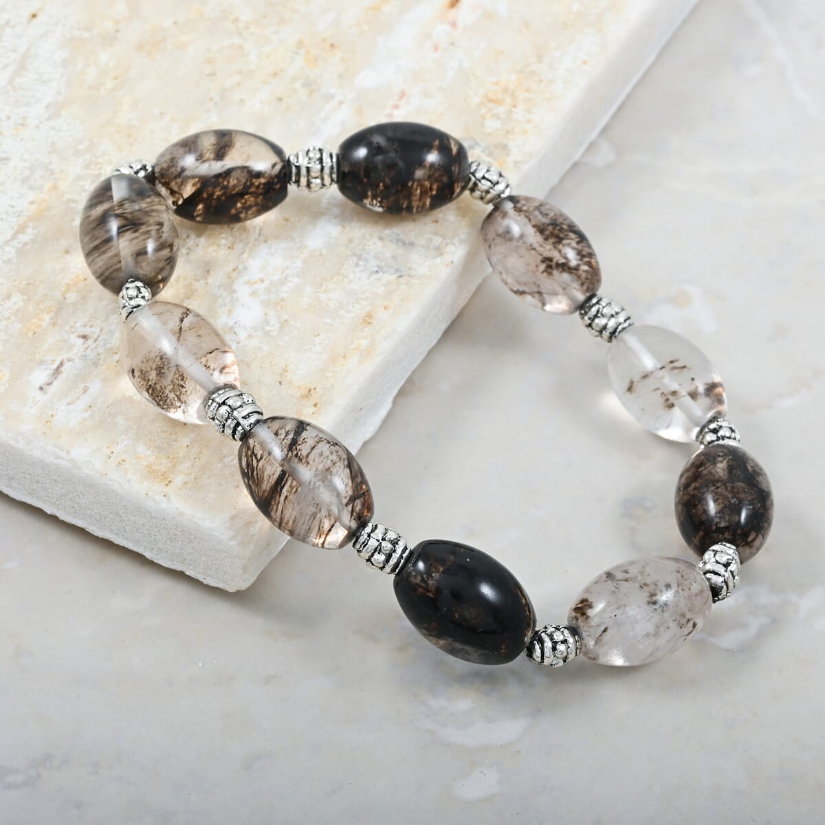 Black Moss Quartz Melon with Pewter 110.26 ctw Stretch Bracelet (6-7In) image number 1