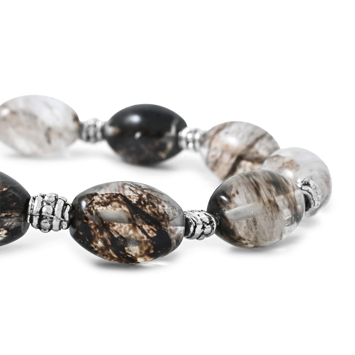Black Moss Quartz Melon with Pewter 110.26 ctw Stretch Bracelet (6-7In) image number 2