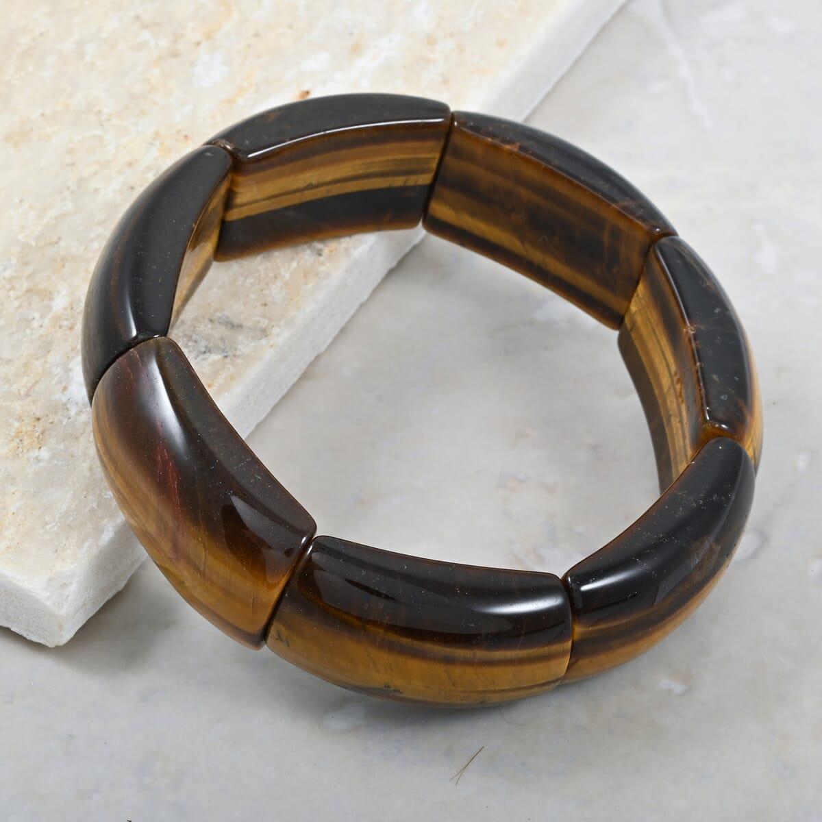 Plain Rectangle Tiger Eye 402.35 ctw Block Stretch Bracelet (6-7In) image number 1