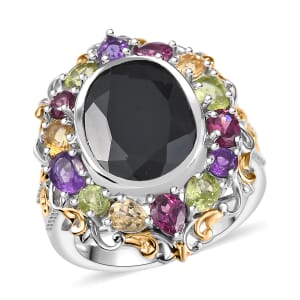 Karis Thai Black Spinel and Multi Gemstone 6.85 ctw Celestial Garden Ring in 18K YG Plated and Platinum Bond (Size 10.0)