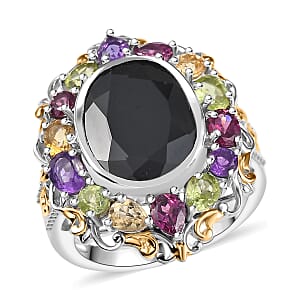Karis Thai Black Spinel and Multi Gemstone 6.85 ctw Celestial Garden Ring in 18K YG Plated and Platinum Bond (Size 7.0)