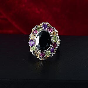 Karis Thai Black Spinel and Multi Gemstone 6.85 ctw Celestial Garden Ring in 18K YG Plated and Platinum Bond (Size 7.0)