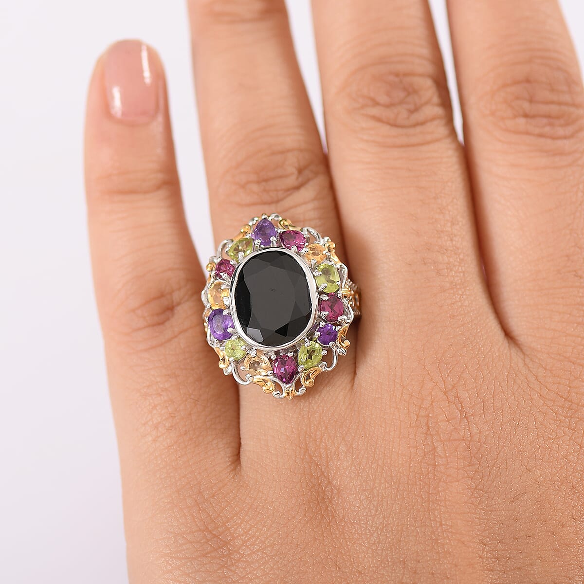 Karis Thai Black Spinel and Multi Gemstone 6.85 ctw Celestial Garden Ring in 18K YG Plated and Platinum Bond (Size 7.0) image number 2