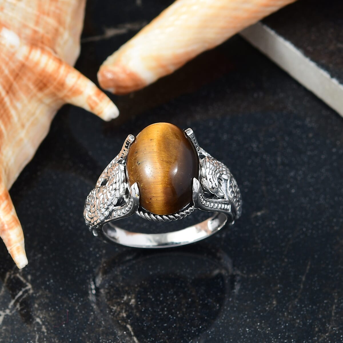 Artisan Crafted Tigers Eye 9.50 ctw Eagle Men's Ring in Sterling Silver (Size 10.0) image number 1