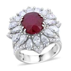 D'Joy Niassa Ruby (FF) and Moissanite 8.65 ctw Floral Ring in Rhodium Over Sterling Silver (Size 10.0)