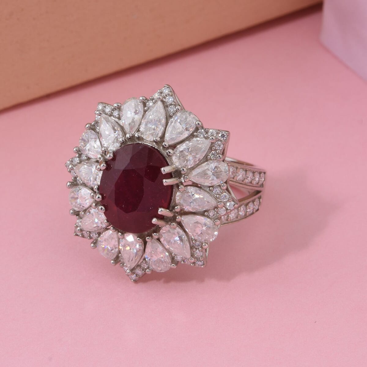 D'Joy Niassa Ruby (FF) and Moissanite 8.65 ctw Floral Ring in Rhodium Over Sterling Silver (Size 10.0) image number 1