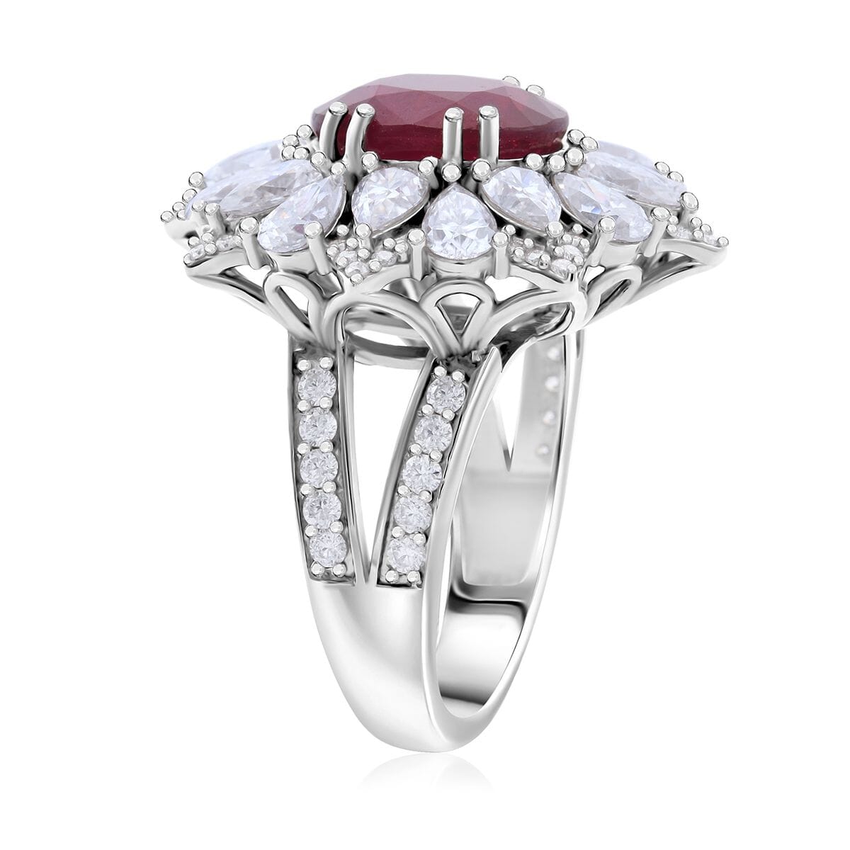 D'Joy Niassa Ruby (FF) and Moissanite 8.65 ctw Floral Ring in Rhodium Over Sterling Silver (Size 10.0) image number 3