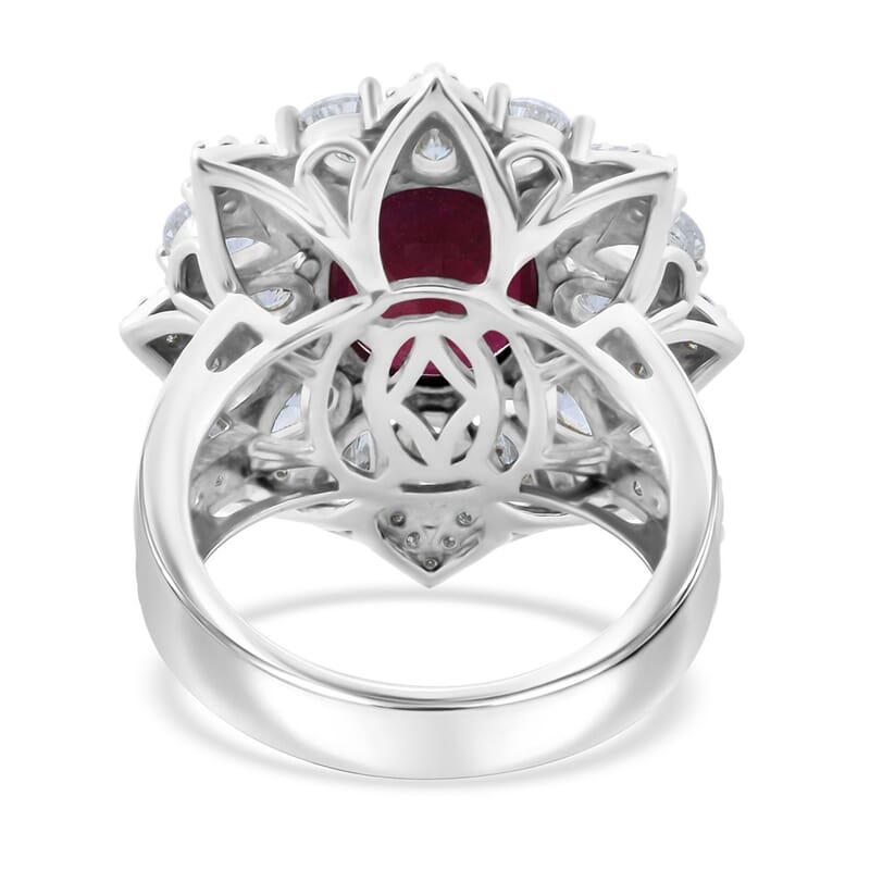 D'Joy Niassa Ruby (FF) and Moissanite 8.65 ctw Floral Ring in Rhodium Over Sterling Silver (Size 10.0)