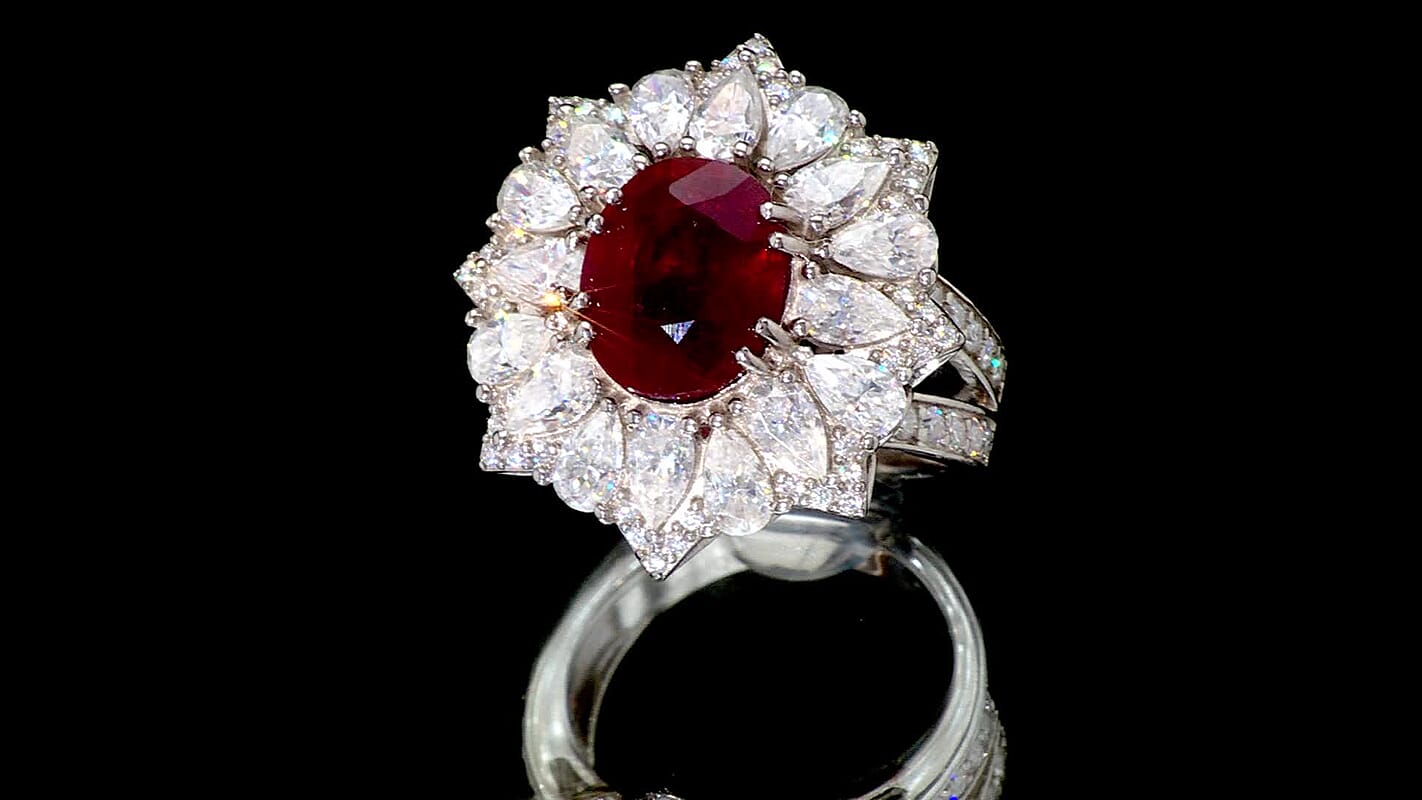 Niassa Ruby (FF) and Moissanite 8.65 ctw Floral Ring in Rhodium Over Sterling Silver