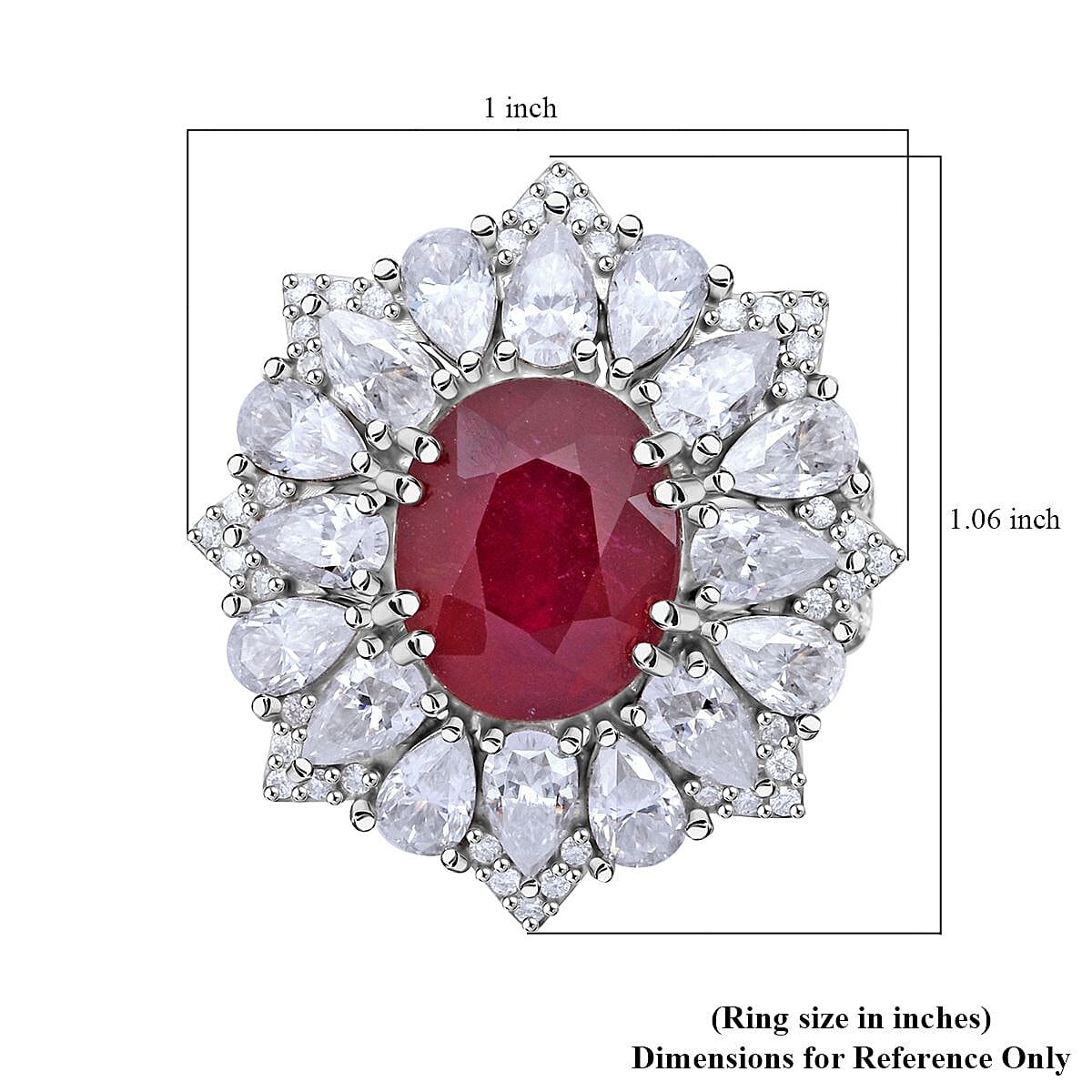 D'Joy Niassa Ruby (FF) and Moissanite 8.65 ctw Floral Ring in Rhodium Over Sterling Silver (Size 8.0)
