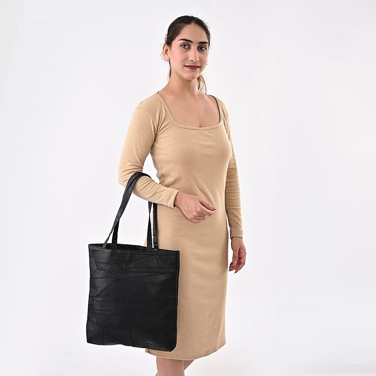 La Marey Black Genuine Leather Handbag with Matching Faux Shoulder Strap image number 1