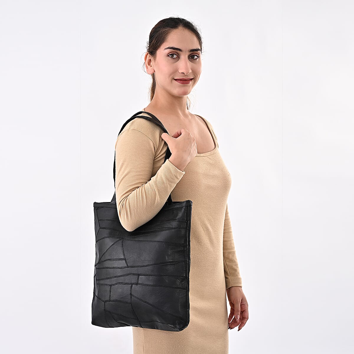 La Marey Black Genuine Leather Handbag with Matching Faux Shoulder Strap image number 2