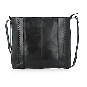 La Marey Black Genuine Leather Shoulder Bag with Faux Leather Strap