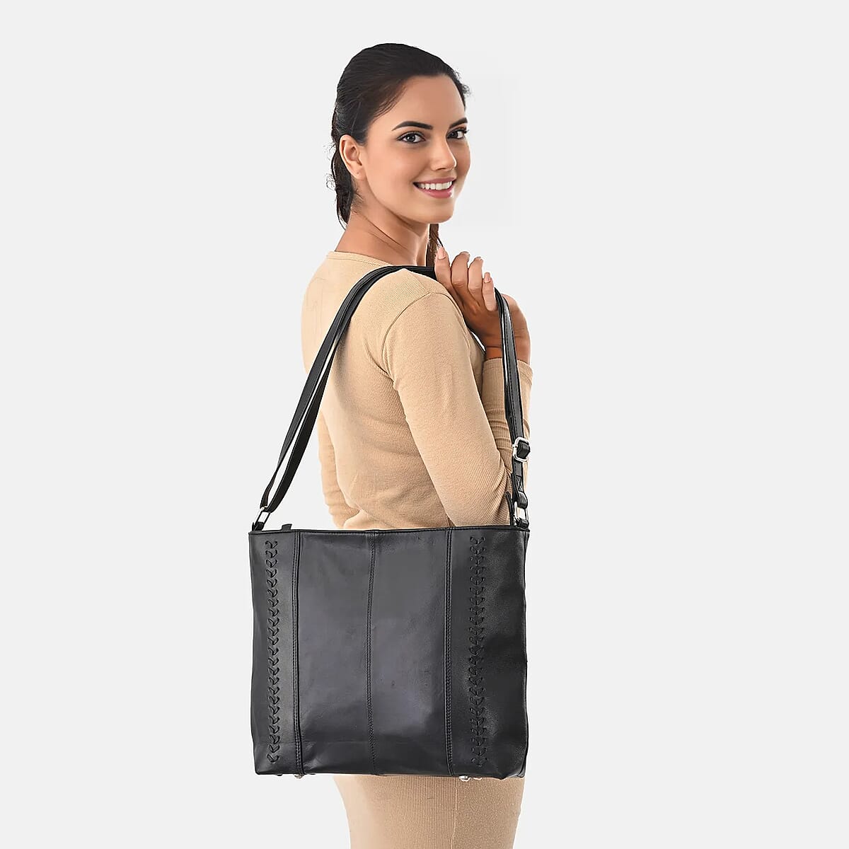 La Marey Black Genuine Leather Shoulder Bag with Faux Leather Strap image number 3