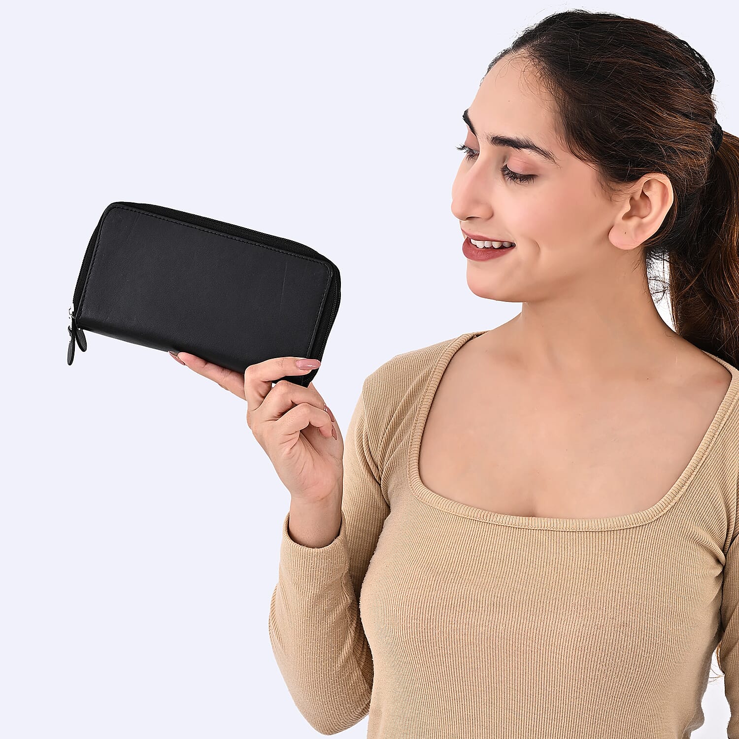 Livmore Black Genuine Leather Womens Wallet with Double Zip Compartment