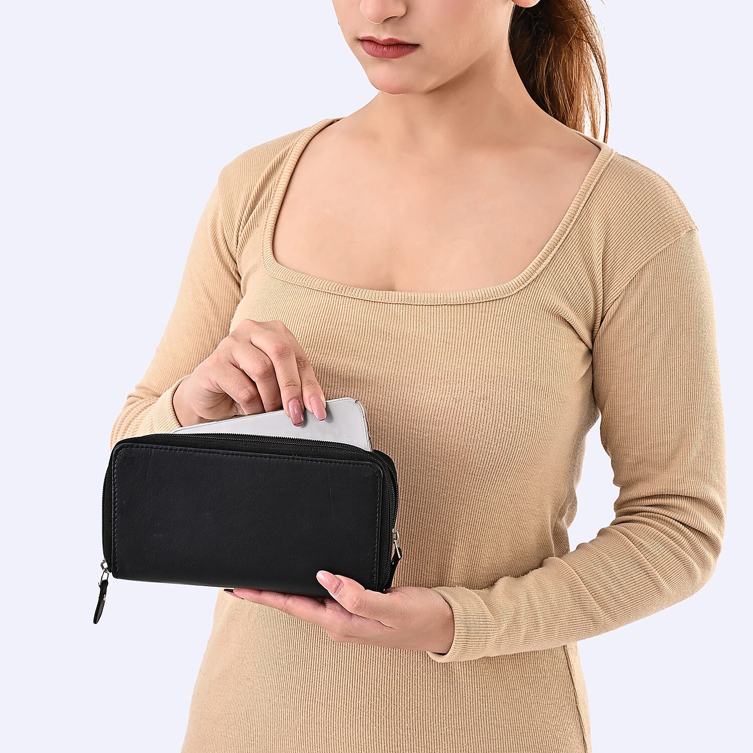 Livmore Black Genuine Leather Womens Wallet with Double Zip Compartment