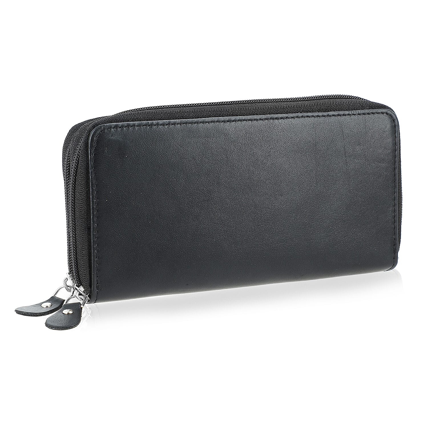 Livmore Black Genuine Leather Womens Wallet with Double Zip Compartment