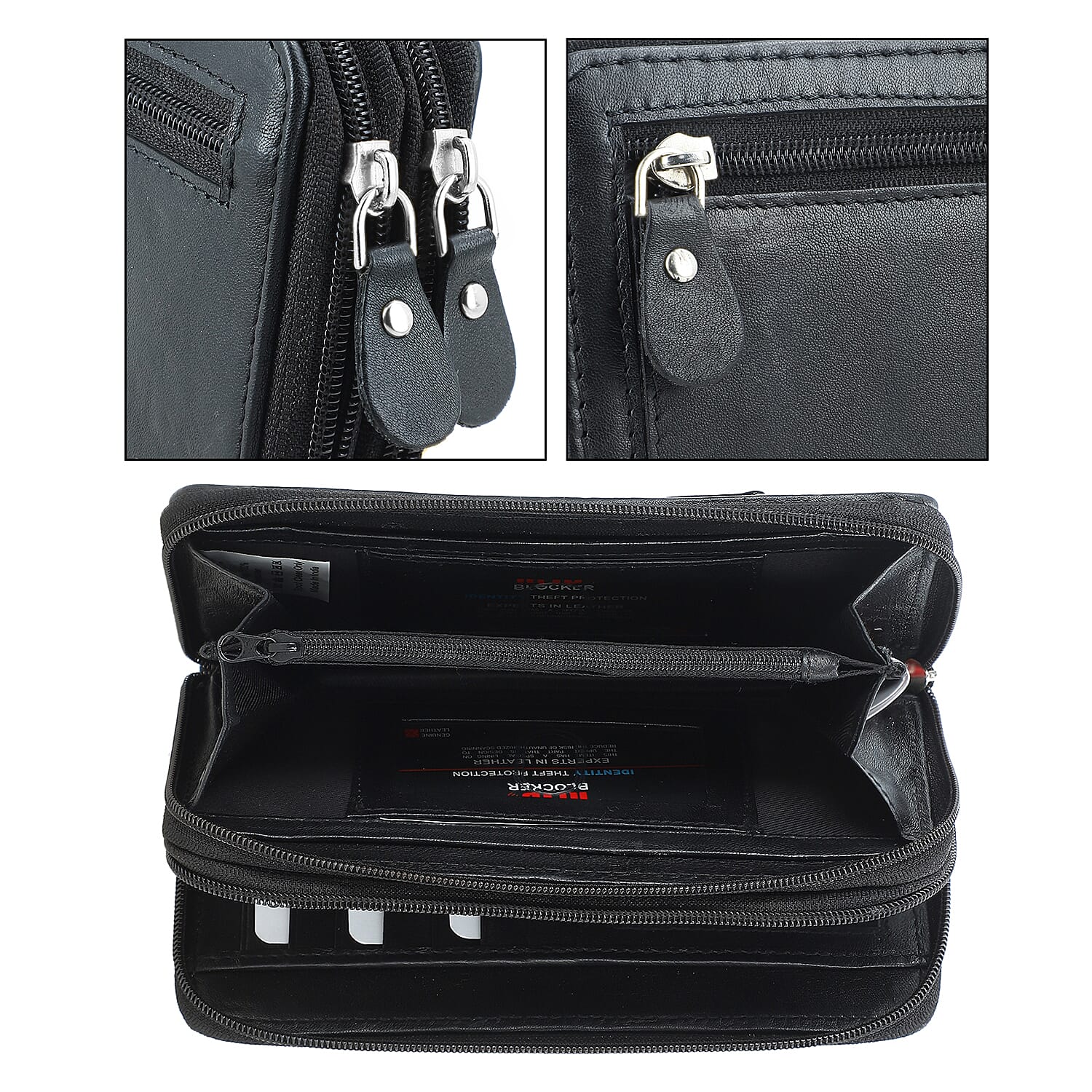 Livmore Black Genuine Leather Womens Wallet with Double Zip Compartment