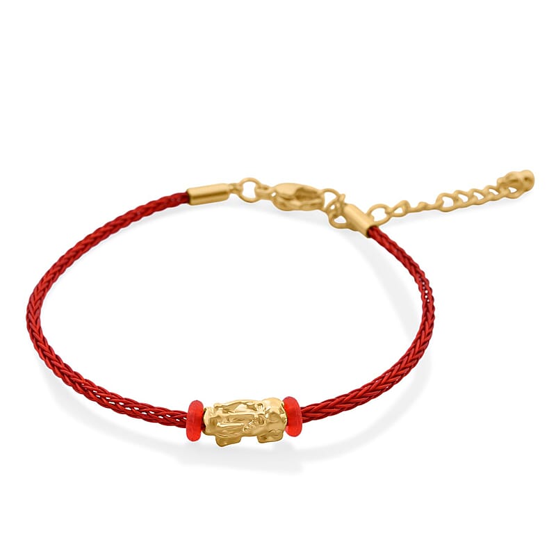 24 Yellow Gold Pixiu Charm Bracelet in Cord and Goldtone (6.50-7.50In)