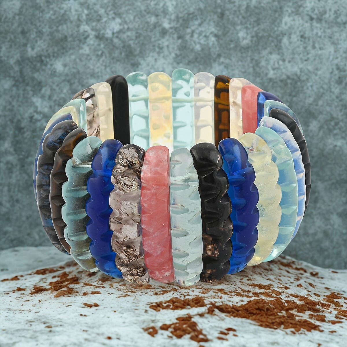 Carved Multi Quartz 501.65 ctw Wavy Stretch Bracelet (6-7In) image number 1