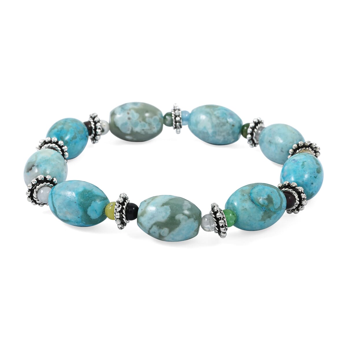 Turquoise Jasper and Multi Gemstone 138.50 ctw Melon with Pewter Stretch Bracelet (6-7In) image number 0